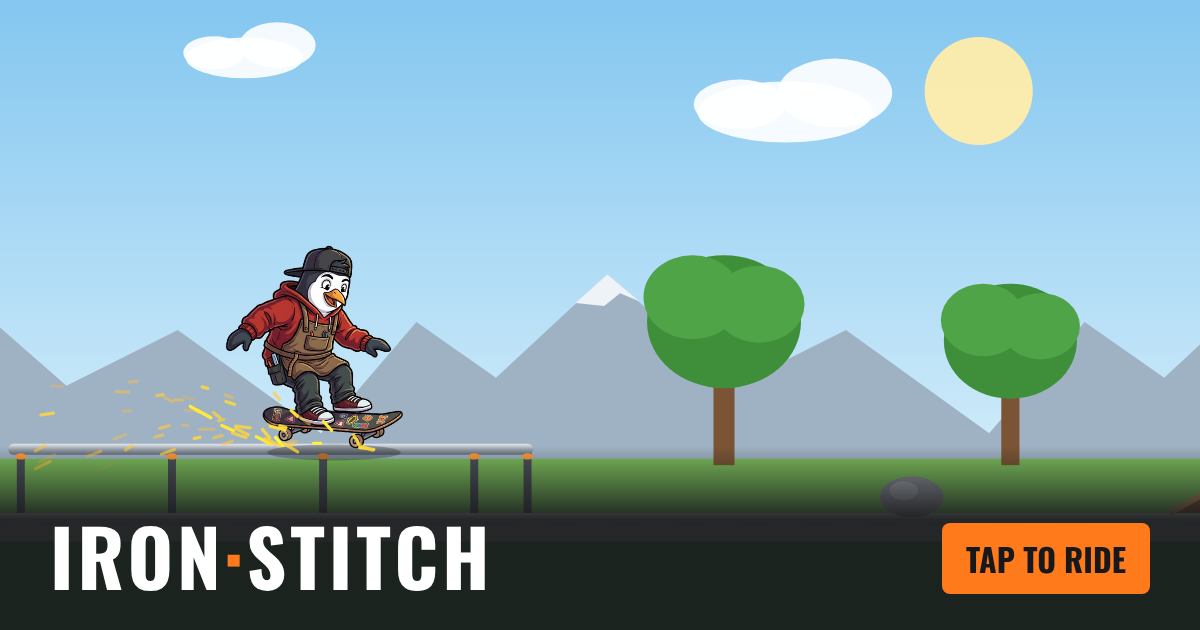 The Iron Stitch penguin grinding a rail on a skateboard